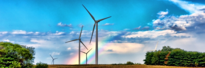Wind Turbines and Rainbow Panorama