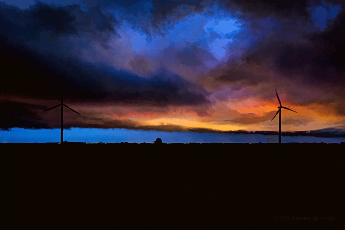 Wind Turbines under a Sunset Storm